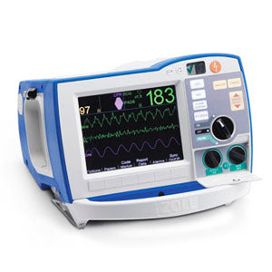 Desfibrilador R Series profesional Beracah Médica con monitor, AED, ECG 3, marcapasos y SPO2, muestra la pantalla y controles.