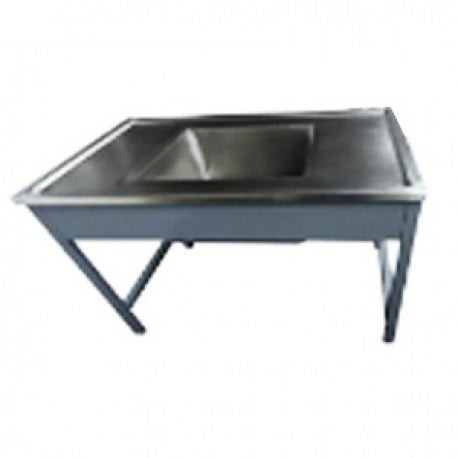 Mesa alta MSI con vertedero y respaldo de acero inoxidable, ideal para hospitales y clínicas, resistente y fácil de limpiar.