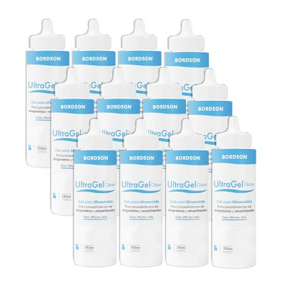 Gel para ultrasonido UltraGel Clear de Beracah Medica, frascos de 250ml, viscosidad media, en caja de 12 unidades.