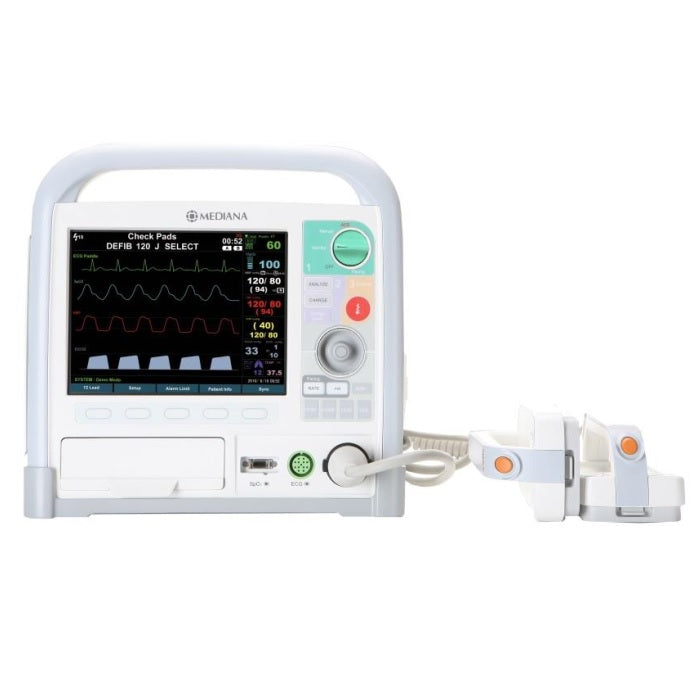 Desfibrilador bifásico básico Beracah Medica con monitor y ECG para emergencias médicas, en color blanco y pantalla digital.