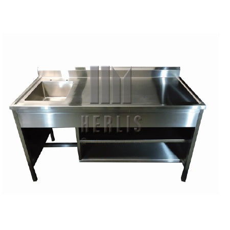 Mesa alta MSI de 100 cm con respaldo y fregadero izquierdo de acero inoxidable, ideal para espacios médicos.