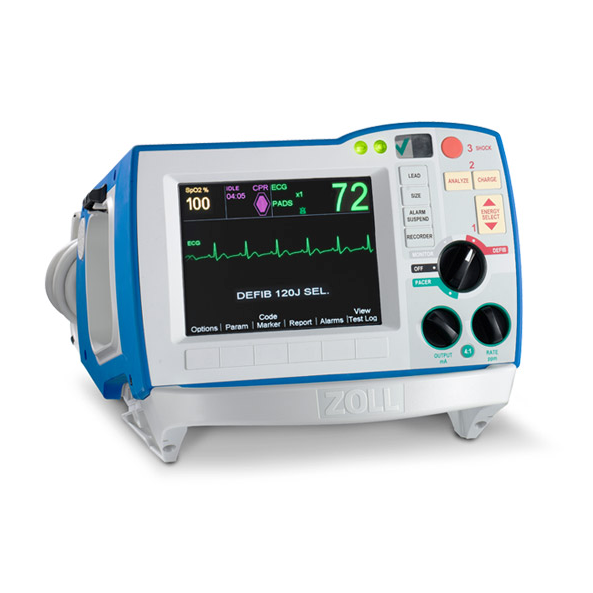 Monitor de desfibrilador R Series básico de Beracah Médica con cable multifunción SpO2 y marcapasos, pantalla y botones visibles