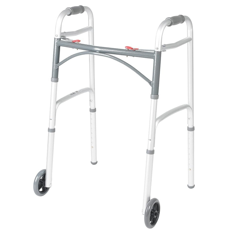 Andaderas plegables de dos botones para adulto de la marca Beracah Medica, con estructura ligera y mango ergonómico.