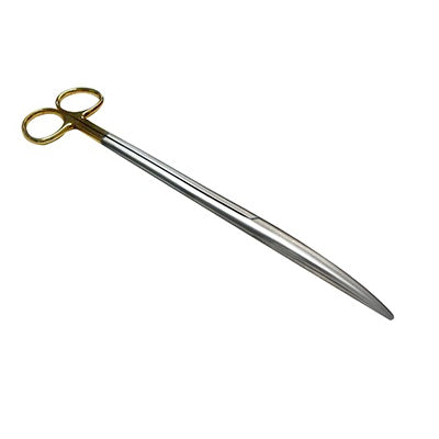 Tijera Metzenbaum curva de 23 cm de acero alemán premium, herramienta médica de la marca Beracah Medica, con mango ergonómico.