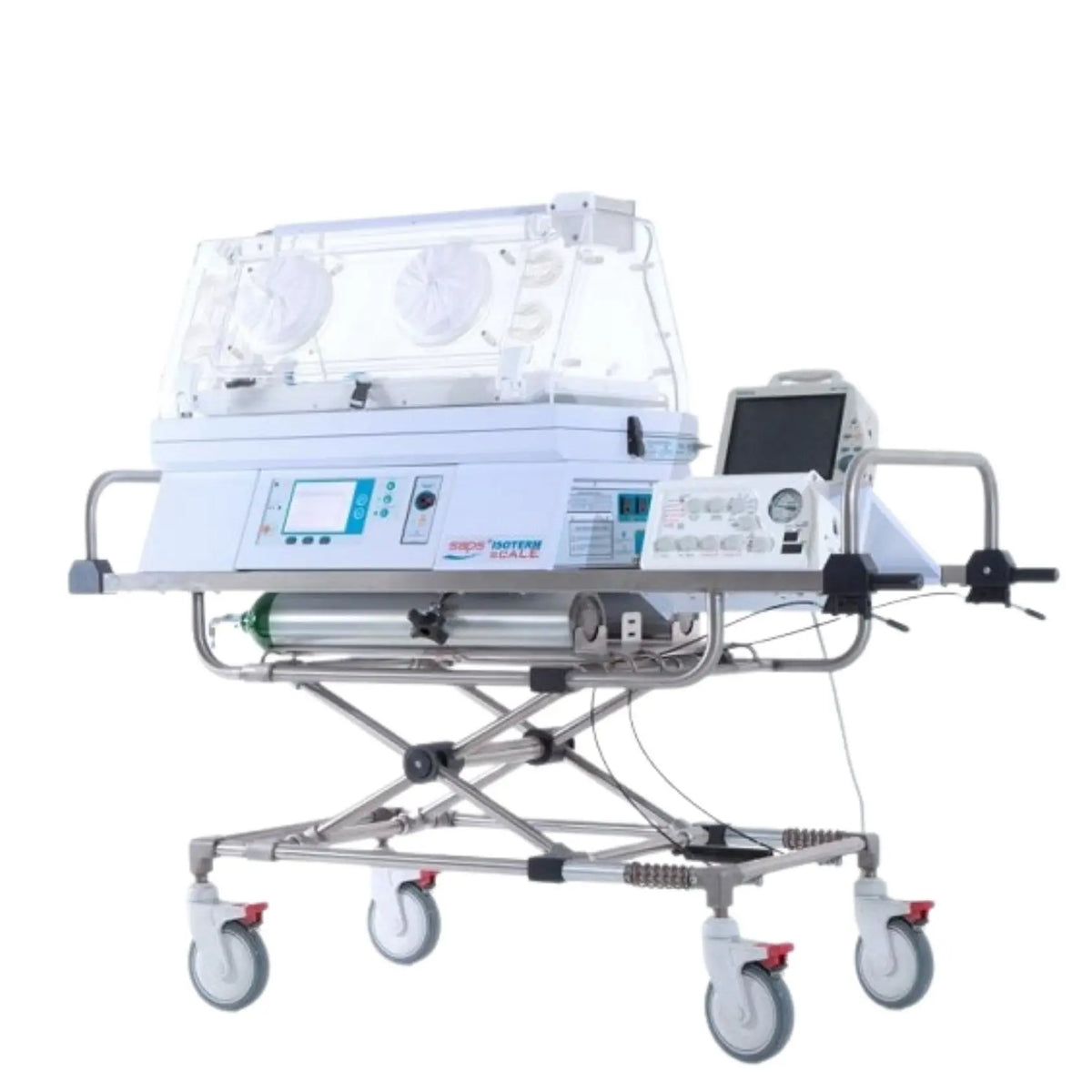 Incubadora de traslado Beracah Medica Scale SAPS Isoterm para ambulancia, con controles y accesorios visibles en la imagen.