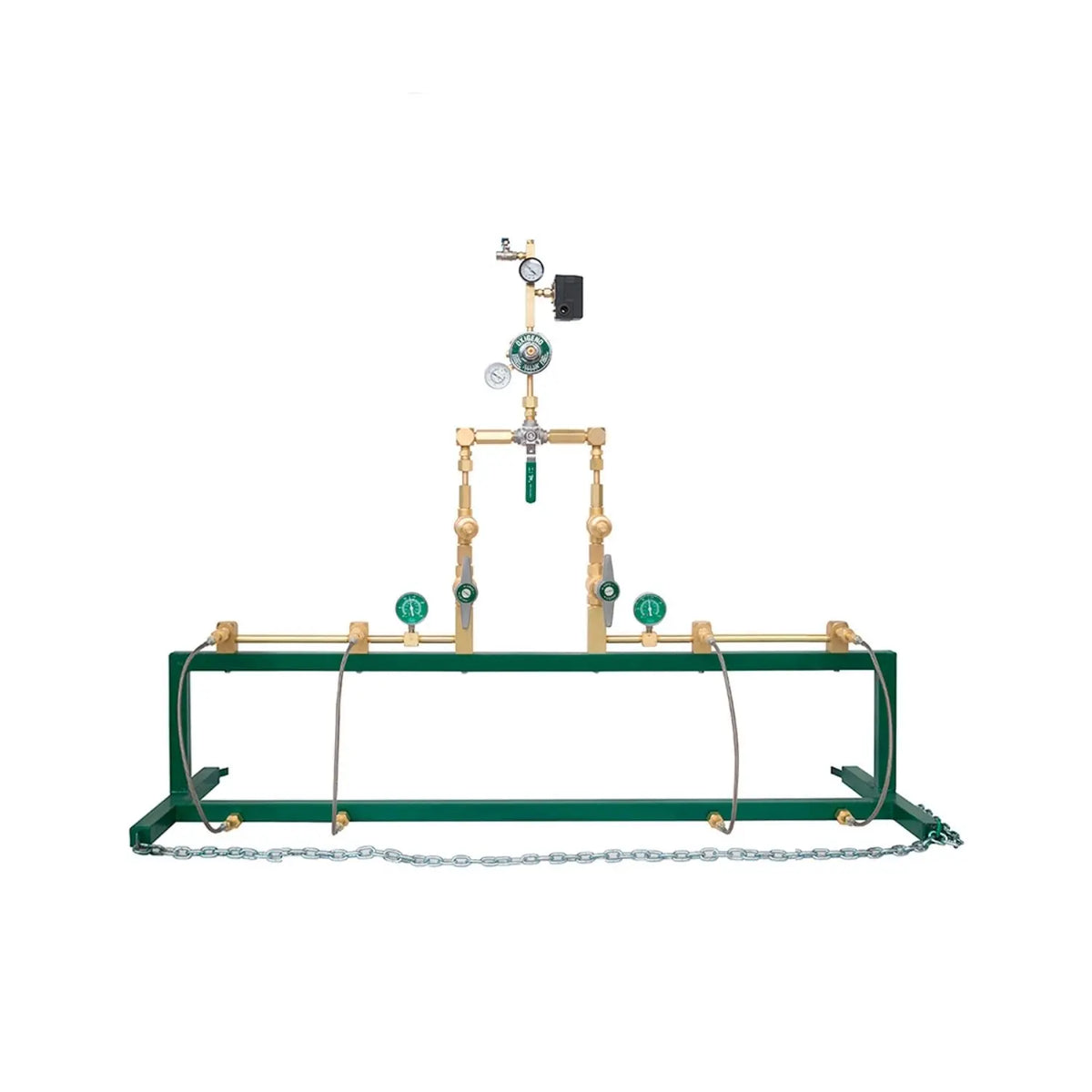 Manifold manual con línea de vida CO₂ de la marca Beracah Medica, con conexiones y válvulas visibles para uso médico.