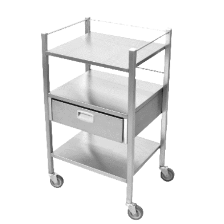 Carro porta equipo estándar Plus inoxidable 430 de la marca Beracah Médica, con estructura robusta y ruedas resistentes.