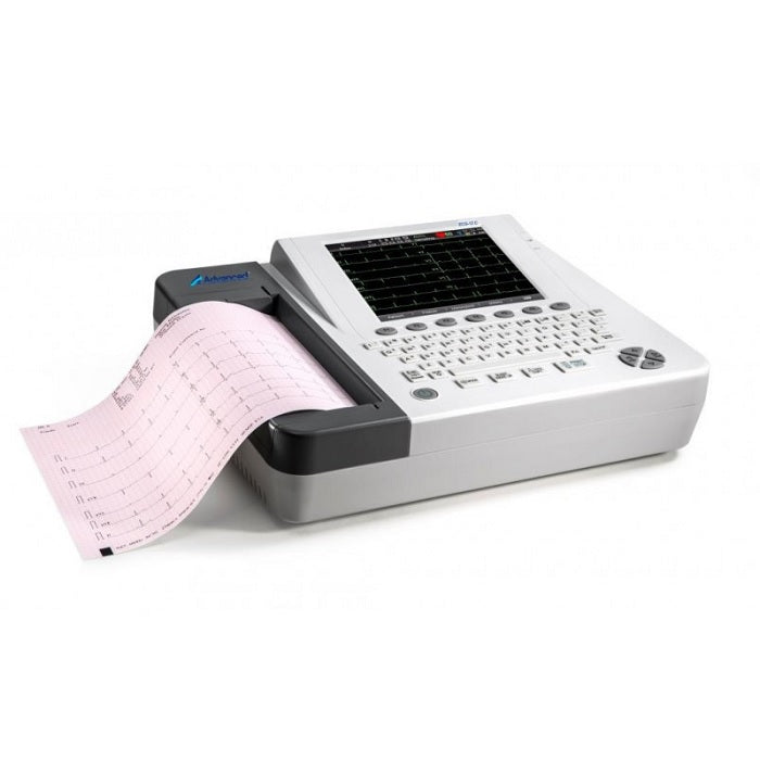 Electrocardiógrafo de 12 canales Beracah Medica con pantalla a color y cabecera para monitoreo cardíaco.
