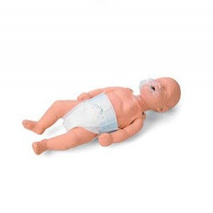 Maniquí de recién nacido para RCP de la marca Beracah Médica, muestra detalles realistas para entrenamiento en reanimación neonatal.