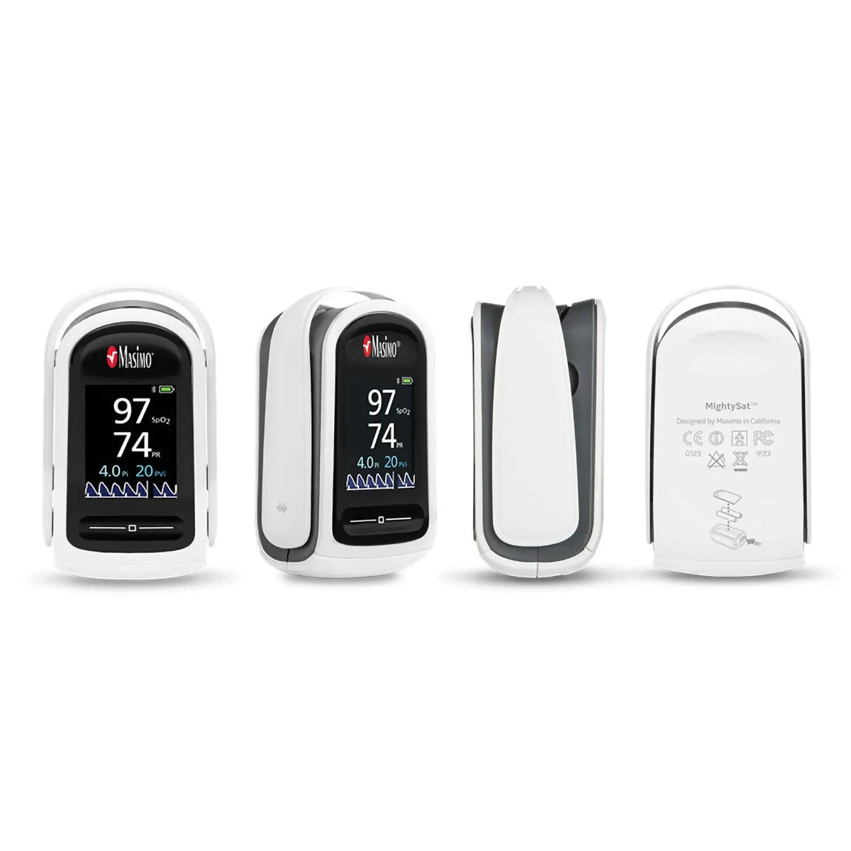 Oxímetro de pulso de dedo MightySat Rx de Beracah Medical con pantalla, Bluetooth, mide SpO2, PR, Pi, RRp y PVi.