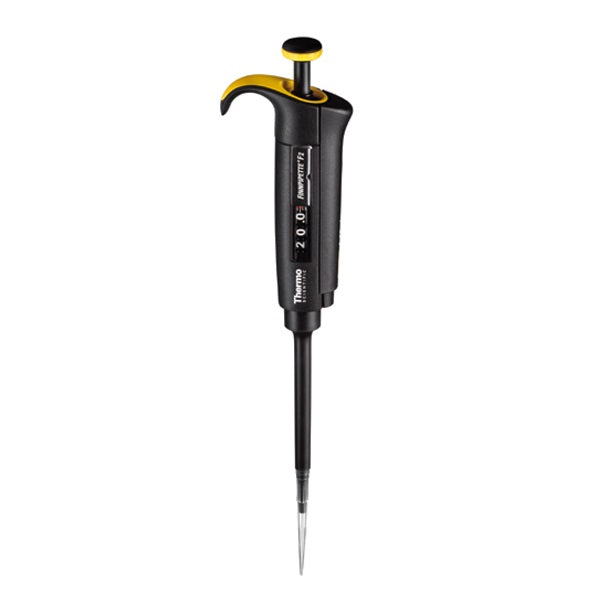 Micropipeta Finnpipette F2 de Beracah Medica, volumen variable de 2 a 20 μl, con pantalla y agarre ergonómico.