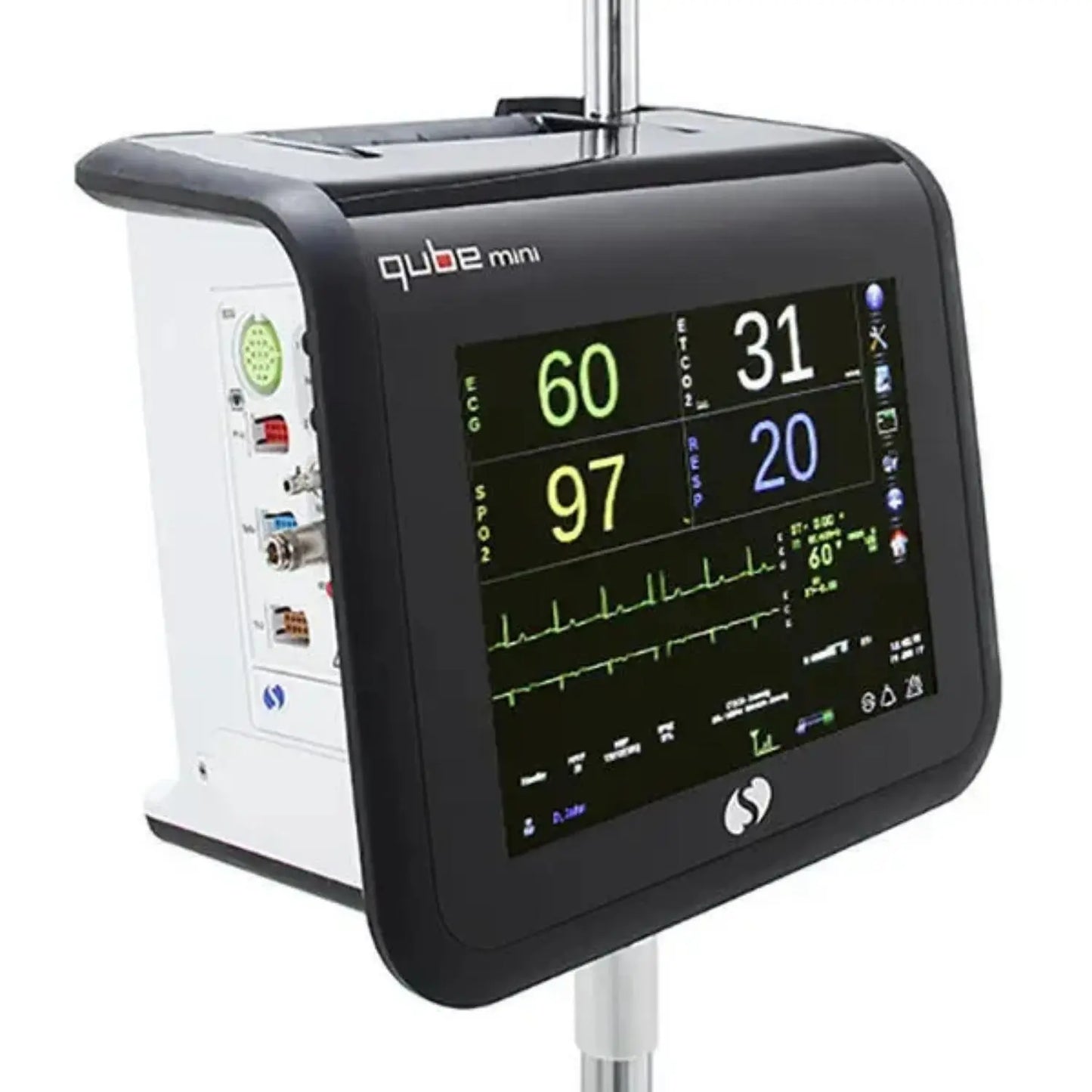 Monitor de signos vitales QUBE Mini de Beracah Medica, dispositivo compacto para monitoreo de pacientes con pantalla y sensores.