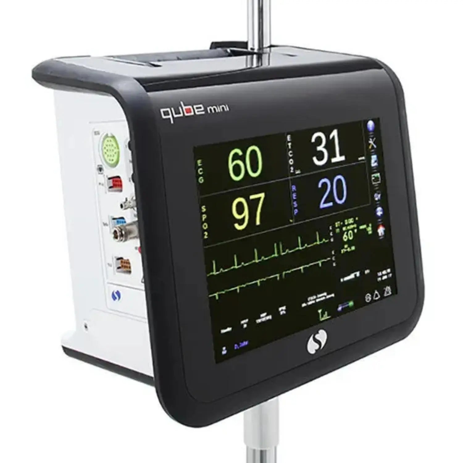 Monitor de signos vitales QUBE Mini de Beracah Medica, dispositivo compacto para monitoreo de pacientes con pantalla y sensores.