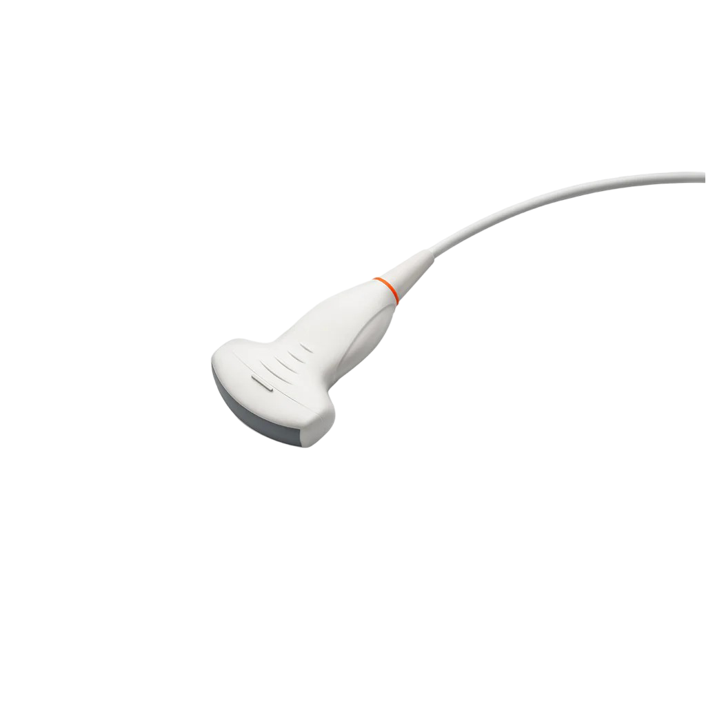Transductor convexo multifrecuencia para ultrasonido Beracah Medica, muestra la cabeza del transductor para ecografía médica.