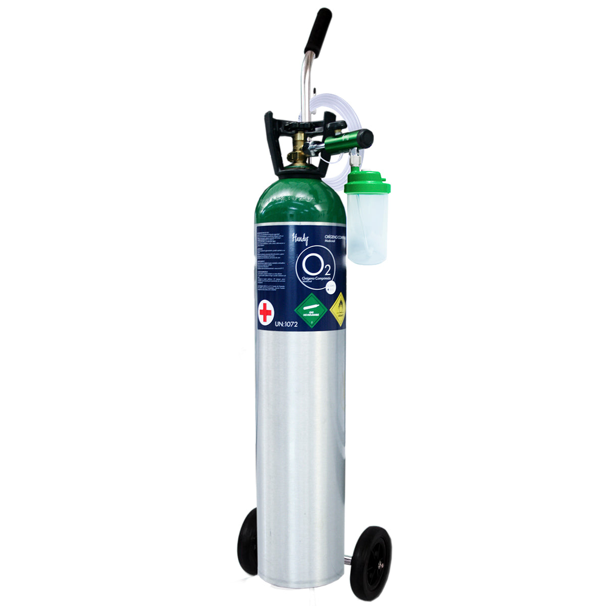Equipo de oxígeno MSI de 2,459 litros con regulador, puntas nasales, humidificador y carrito de marca Beracah Médica