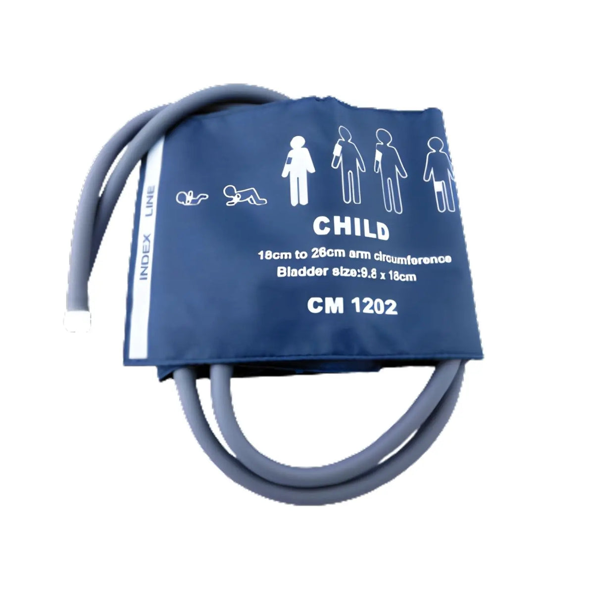 Brazalete pediátrico reutilizable de 18-26cm con conectores para monitor de paciente, marca Beracah Medica, en uso.