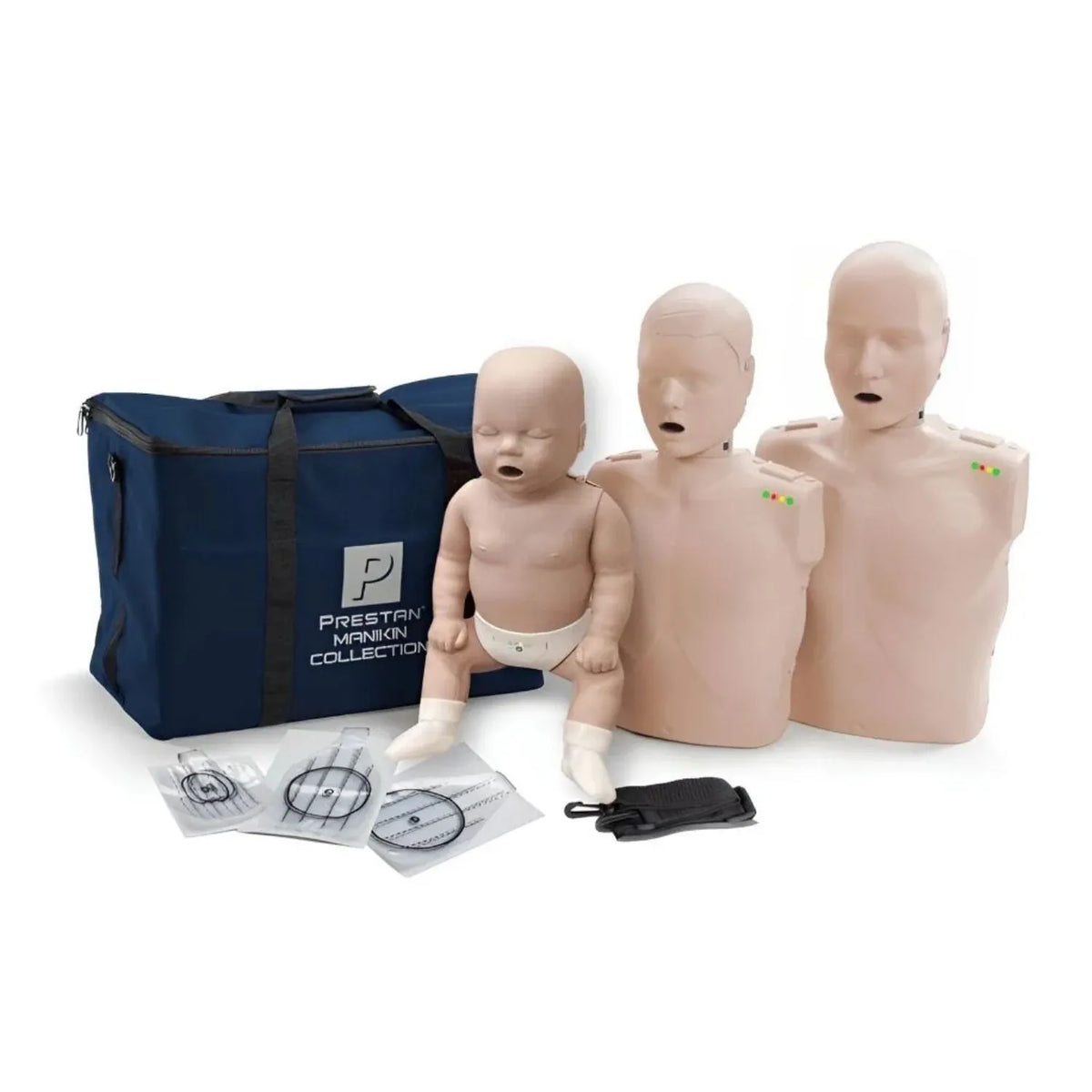 Kit de maniquíes de RCP para adulto, niño y bebé de Beracah Médica, con modelos realistas para entrenamiento en reanimación.