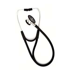Estetoscopio Harvey Elite para adultos en color negro, marca Beracah Medica, con diagrama en el diafragma y tubos flexibles.