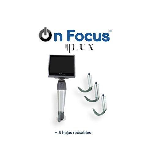 Videolaringoscopio portátil Beracah Médica con 3 hojas reusables y maletín, modelo Lux Dark Gray, en uso clínico.