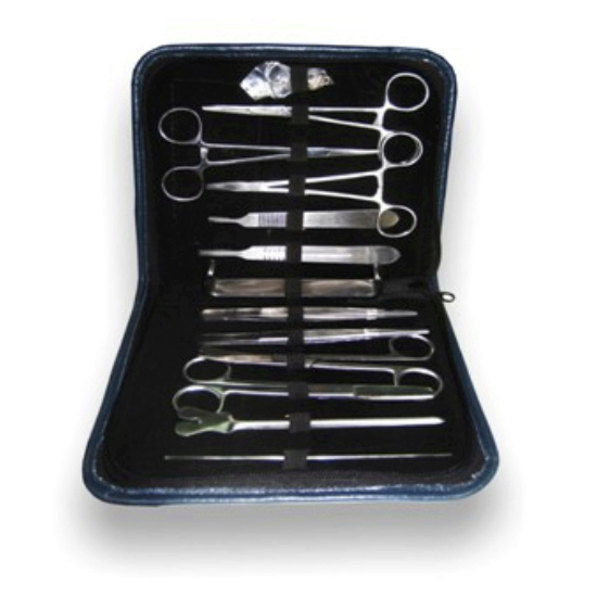 Estuche de disección de 13 piezas de Beracah Médica con instrumentos para estudios anatómicos.