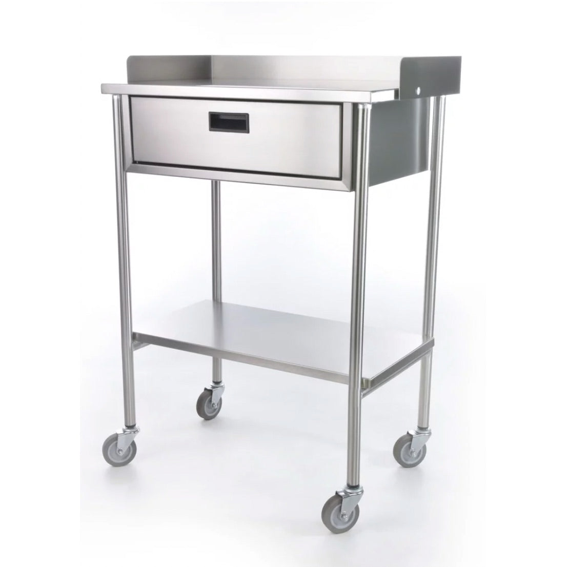 Mesa Pasteur MSI con cajón, estructura tubular cromada Clase C, diseñada para espacios médicos, en color plateado brillante.