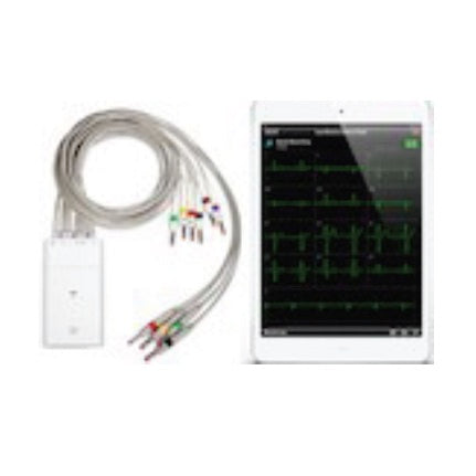 Electrocardiograma digital para iPad Beracah Medica iCV200BLE, dispositivo de cardiología con pantalla y cables conectados.