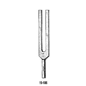 Diapasón de aluminio C-512 de la marca Beracah Medica, muestra el diapasón en color plateado con etiquetas de medición.