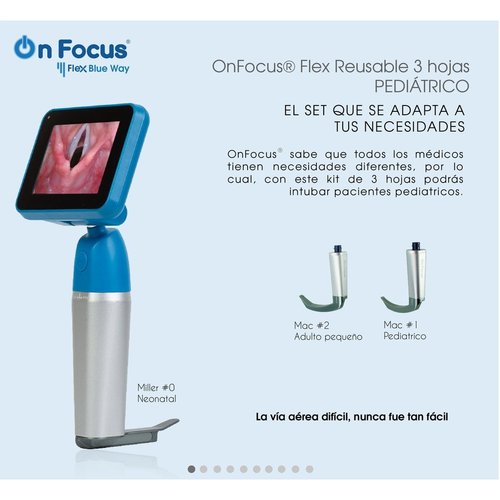 Videolaringoscopio portátil Beracah Medica Flex Blue Way con 3 hojas reusables, vista del dispositivo y sus componentes.