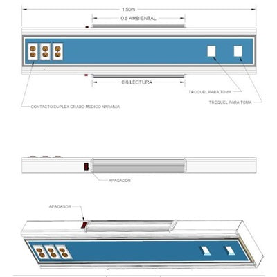 Consola de 150 cm para cuarto de hospital Beracah Médica con iluminación, dos troqueles y tres contactos duplex NFPA.