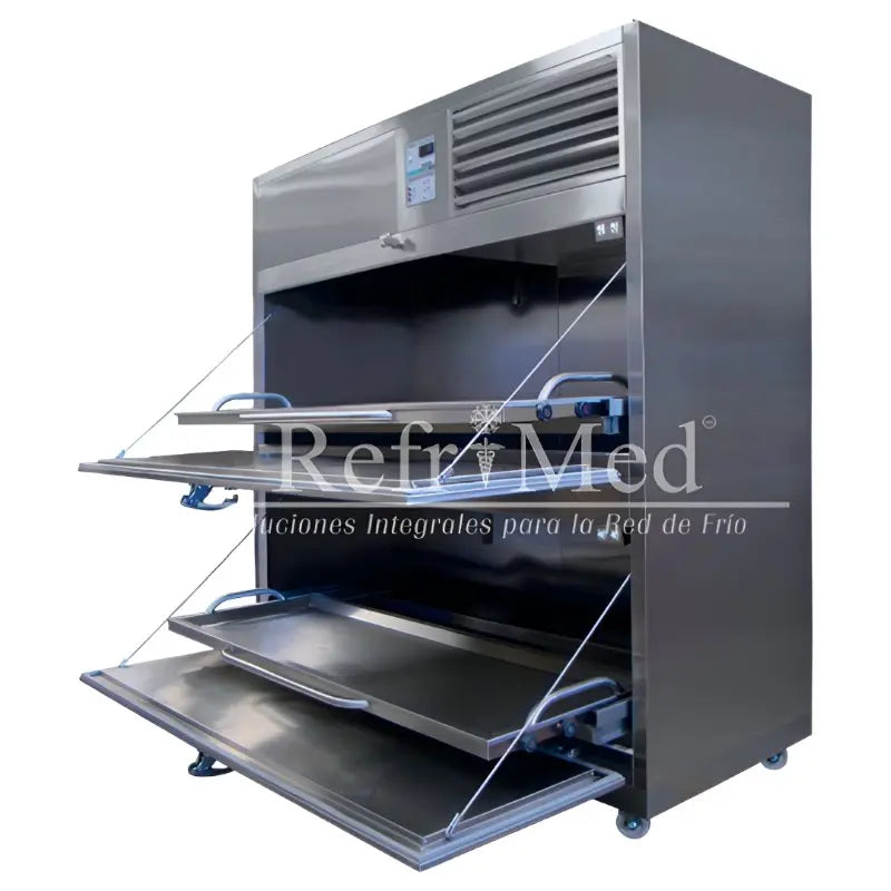 Refrigerador horizontal para cadáveres Beracah Médica con dos gavetas, usado en instalaciones médicas y funerarias.