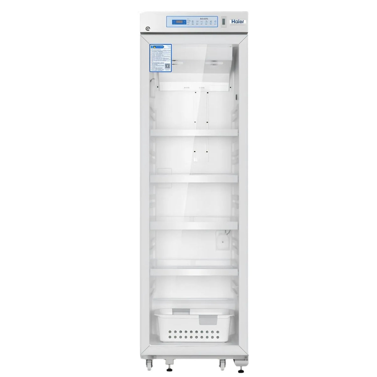 Refrigerador farmacéutico vertical Beracah Médica de 461L con rango de 2-8°C, puertas de vidrio y control de temperatura.