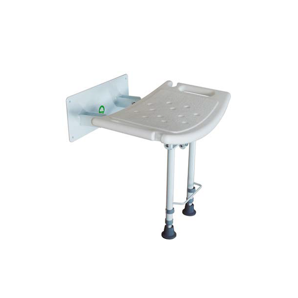 Banco de ducha empotrado en pared de la marca Beracah Medica, con asiento de madera y estructura de metal para baño.