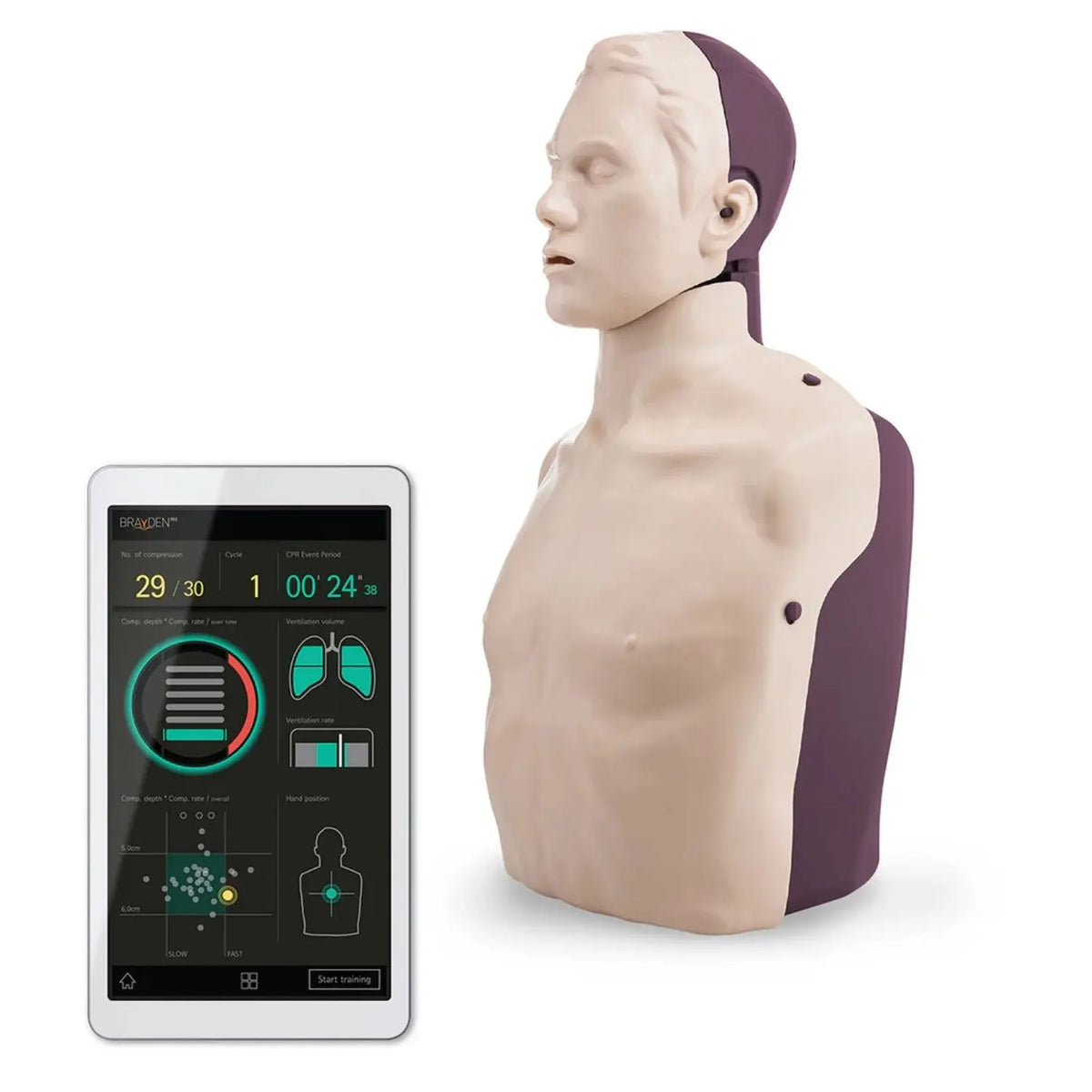 Maniquí de entrenamiento de RCP Brayden Pro de Beracah Médica, modelo para practicar reanimación cardiopulmonar.