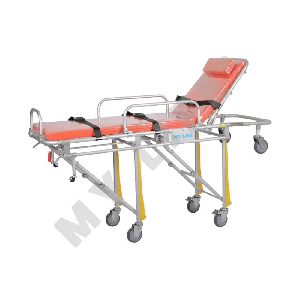 Camilla de golpe para ambulancia automática Beracah Medica MSI, con estructura resistente y acolchado para atención médica.