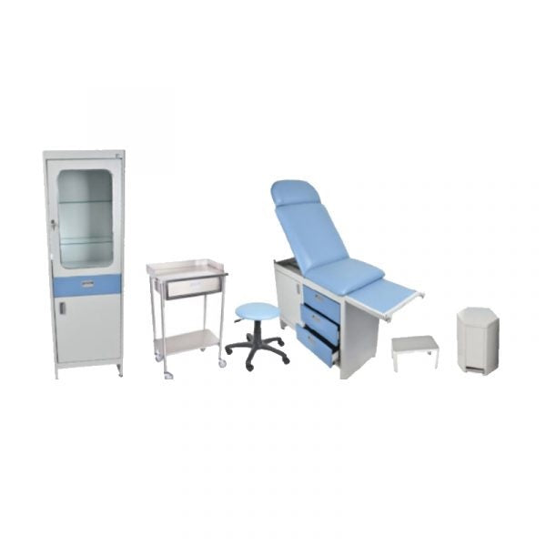 Juego de consultorio estándar Plus de 6 piezas de MSI de Beracah Médica, incluye mesa, sillas y equipo médico.