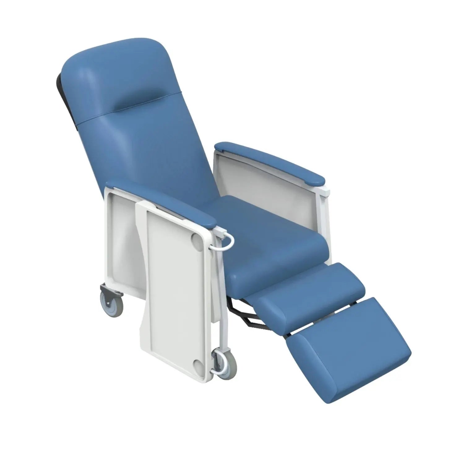 Sillón reclinable 3 posiciones azul con charolas laterales, modelo Therasenior de Beracah Médica, con estructura de ruedas.