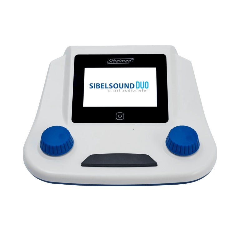 Audiómetro Sibelsound DUO AOM de Beracah Medica con pantalla y controles, utilizado para audiometría automática Hughson-Westlake.