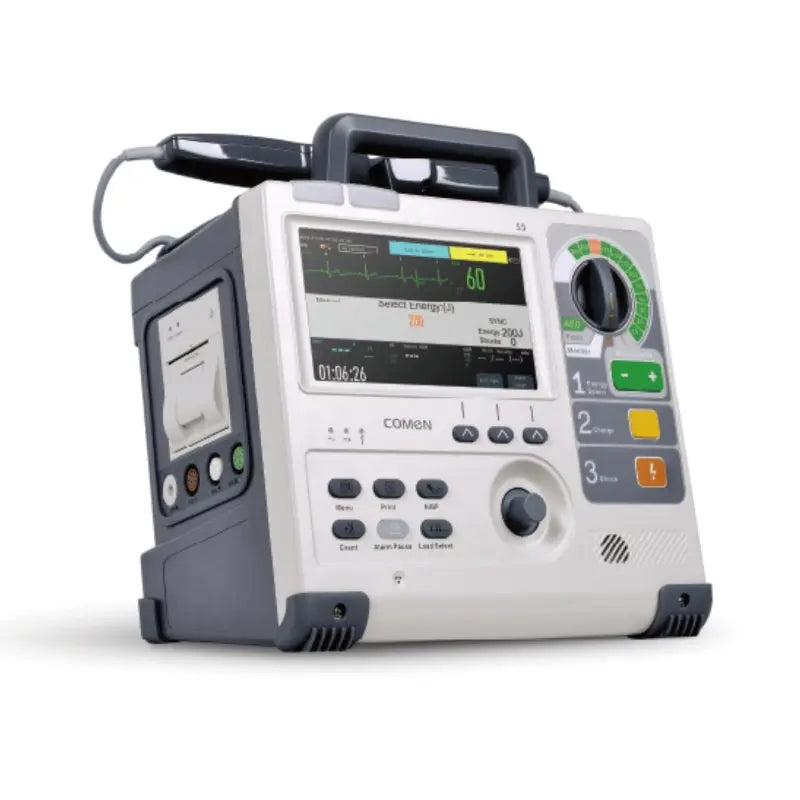 Desfibrilador monitor Beracah Medica S5 con pantalla de 7", ECG, DEA, SpO2, NIBT y función de marcapasos.