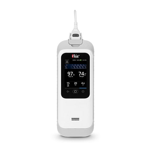 Oxímetro de mano Rad-G de Beracah Medica con sensor multisitio, mostrando pantalla y sensor colocado en el dedo.