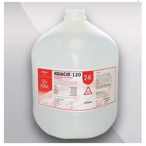 Ácido para hemodiálisis Aquacid-120 MSI de Beracah Médica, 10 cajas con 4 galones cada uno, en envases blancos.
