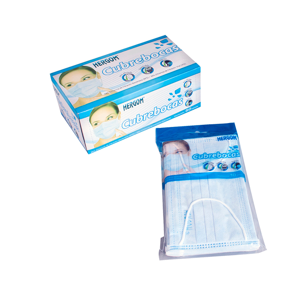 Cubrebocas desechable no esteril de Beracah Medica, caja con 50 mascarillas en paquete de 10 unidades, protección facial.