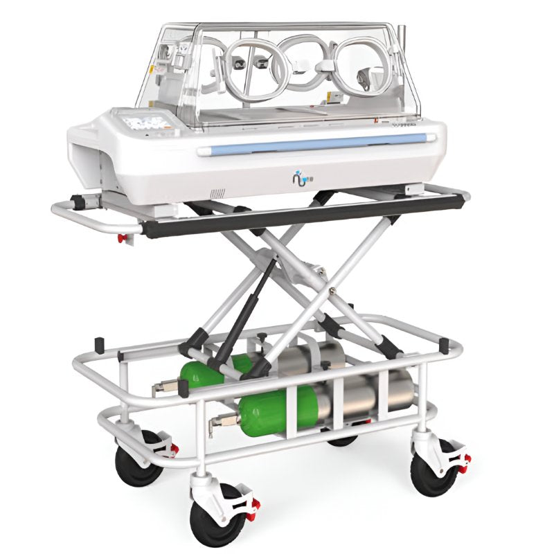 Incubadora neonatal de traslado Beracah Medica NK-2100T con pantalla de 5.6 pulgadas, diseñada para cuidado neonatal portátil.