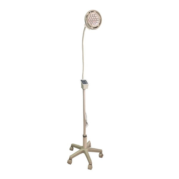 Lámpara de pedestal rodable Beracah Médica modelo Q5 para examinación con luz brillante y soporte ajustable.