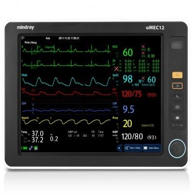 Monitor para paciente Beracah Medica de 12" con pantalla normal y 6 parámetros: ECG, SpO2, temperatura, PNI, RESP y PI.