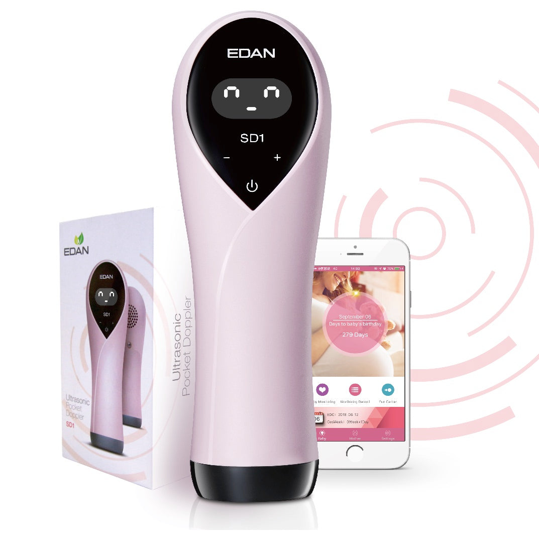 Detektor fetal Doppler Bluetooth Beracah Medica Modelo SD1 mostrando pantalla y controles en uso durante revisión prenatal
