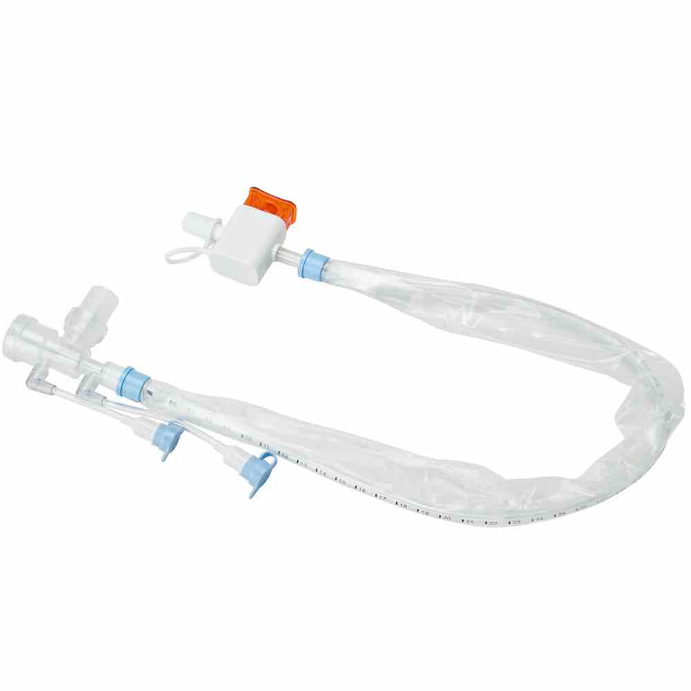 Sistema de succión cerrado para traqueostomía adulto Beracah Médica, con puerto para MDI e irrigación, 14FR x 36cm.