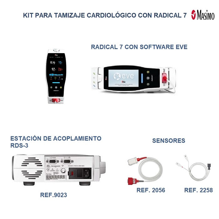 Kit de tamizaje cardiaco neonatal Radical 7 de Beracah Medica, con dispositivos y sensores para pruebas en recién nacidos.