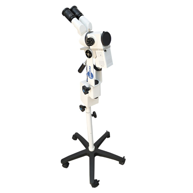Colposcopio óptico Beracah Medica con fuente de LED en pedestal rodable, muestra lentes y estructura del equipo médico.