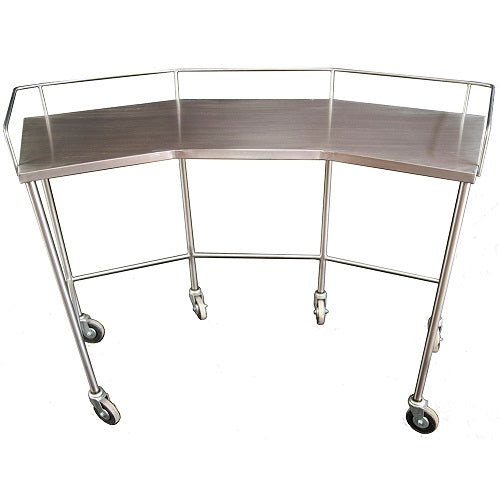 Mesa riñon de acero inoxidable MSI de 147x65x100 cm con superficie lisa y estructura resistente, ideal para ambientes médicos.