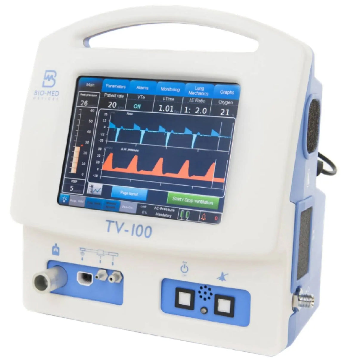 Ventilador de traslado adulto-pediátrico-neonatal Beracah Medica modelo TV-100, mostrado en la imagen con controles y mangueras.